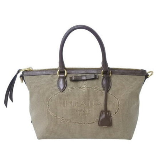 Prada Tote Green Handbag Bag Beige Triangle Khaki Jacquard Black - Picture 1 of 9